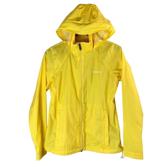 COLUMBIA Women's Jacket Rain Hooded Packable Yellow Size M - Picture 2 of 10